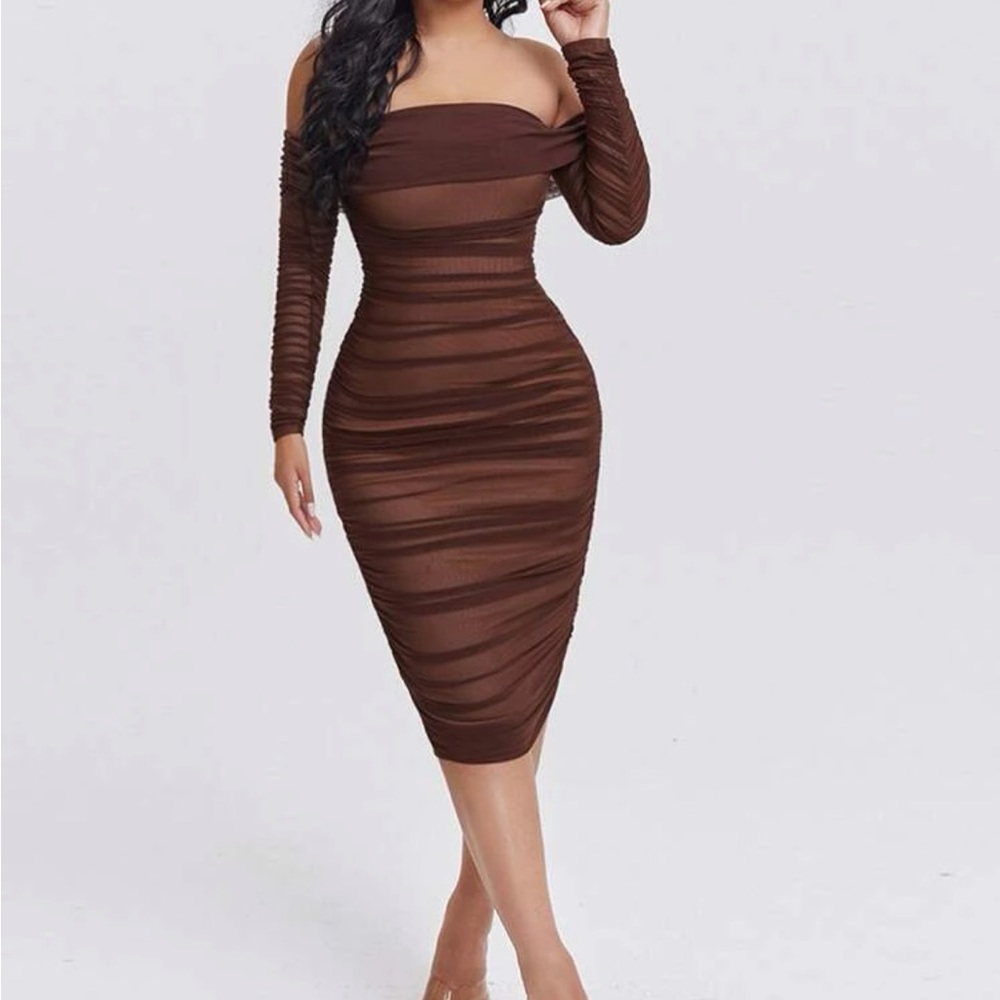 SHEIN brown ruched, off the shoulder, mesh bodycon dress. Never worn.